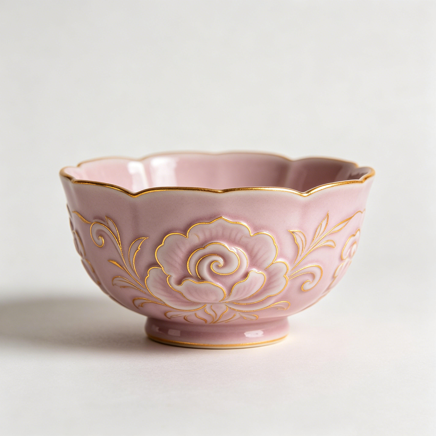 Pink Gold Line Peony Scalloped Bowl