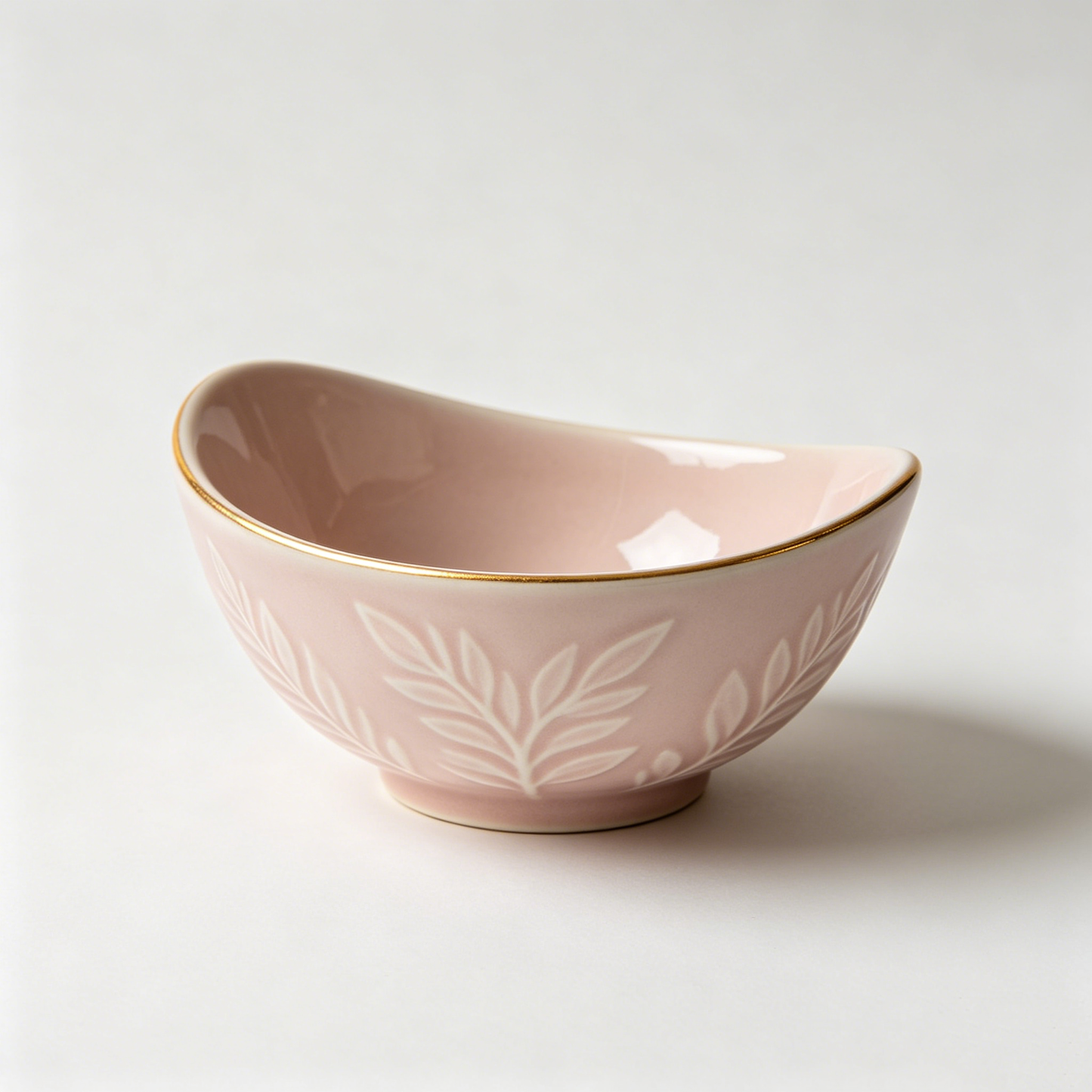 Pink Embossed Leaf Gold Rim Bowl