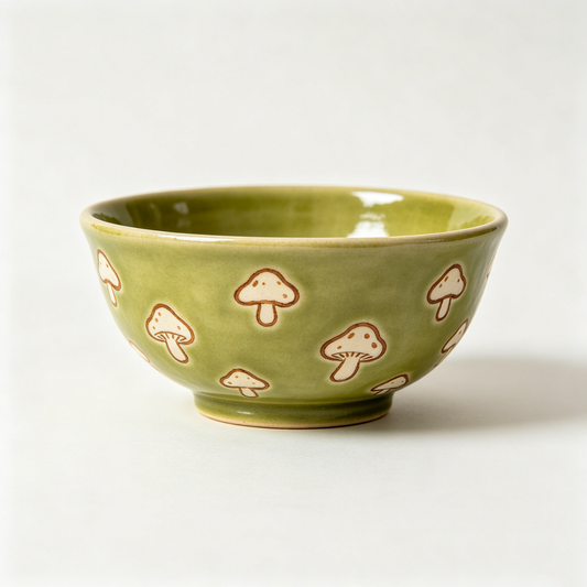 Green Mushroom Print Ceramic Bowl