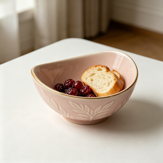 Pink Embossed Leaf Gold Rim Bowl