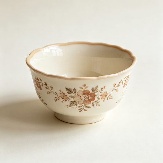 Vintage Neutral Floral Scalloped Bowl