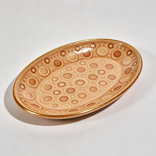 Warm Brown Circle Dot Oval Gold Rim Dish