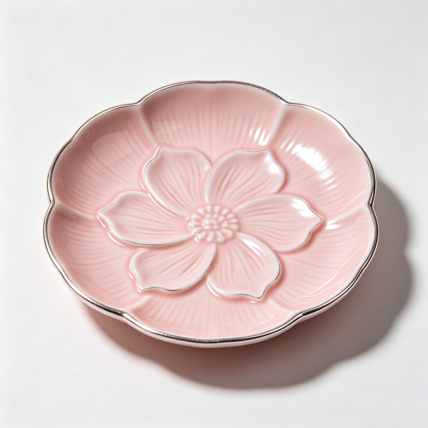 Pink Silver Trim Magnolia Flower Dish
