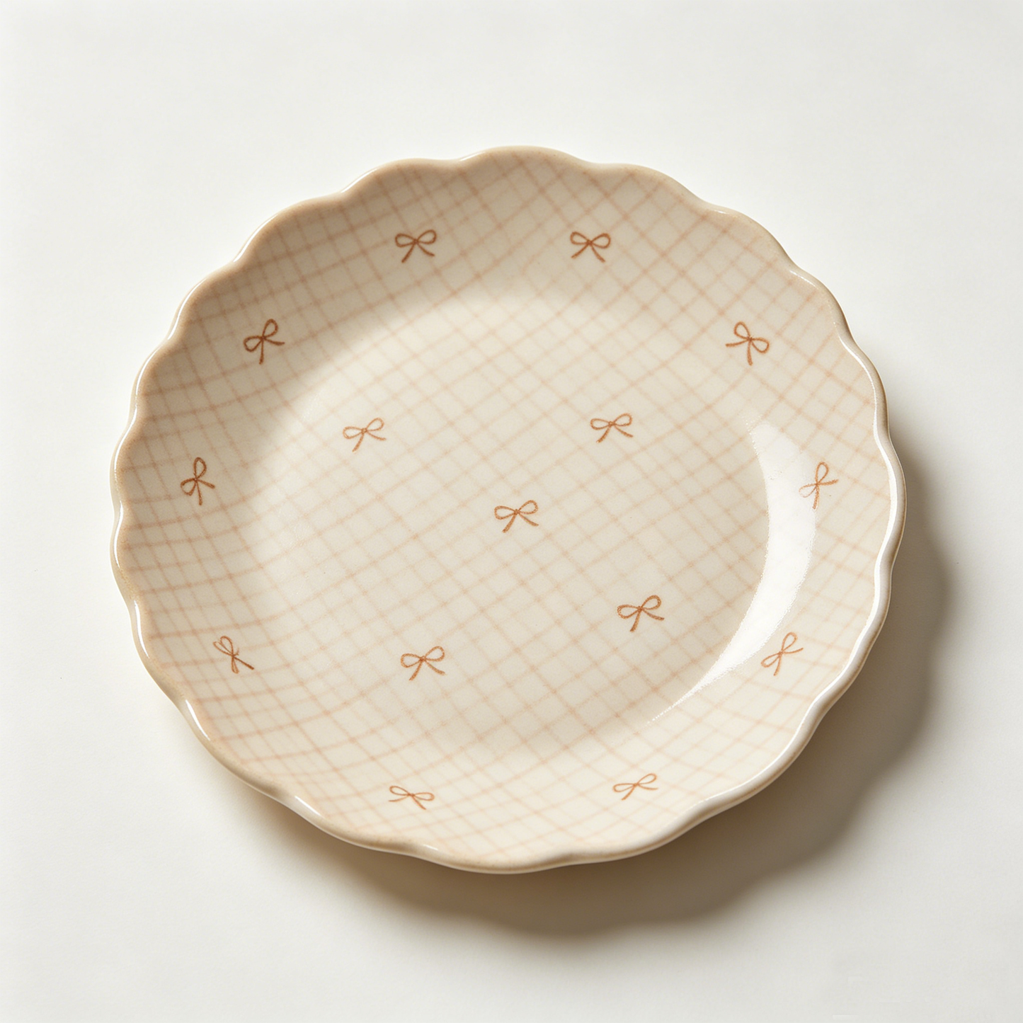 Beige Gingham Bow Scalloped Dish