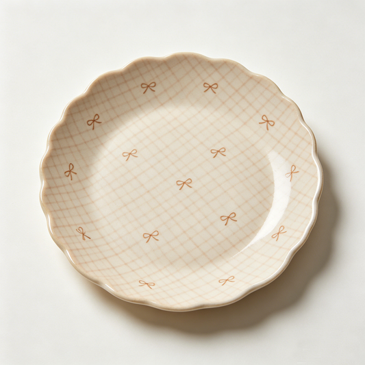 Beige Gingham Bow Scalloped Dish