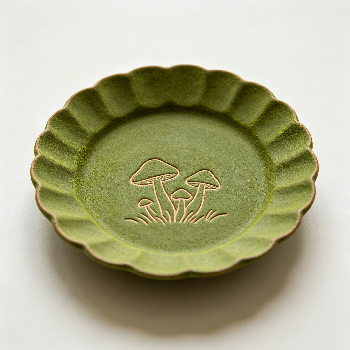 Matte Green Embossed Mushroom Scalloped Dish