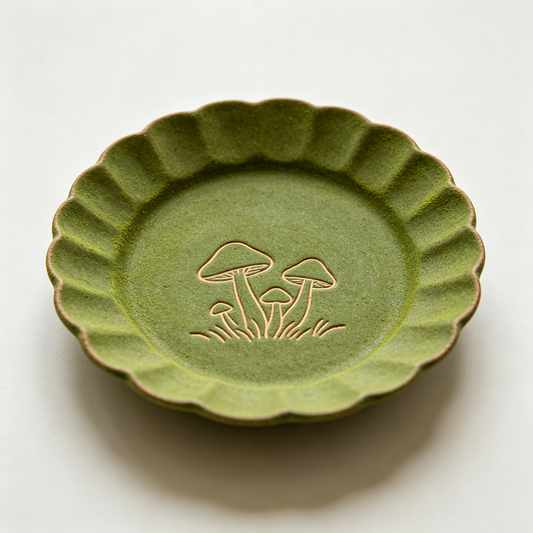Matte Green Embossed Mushroom Scalloped Dish
