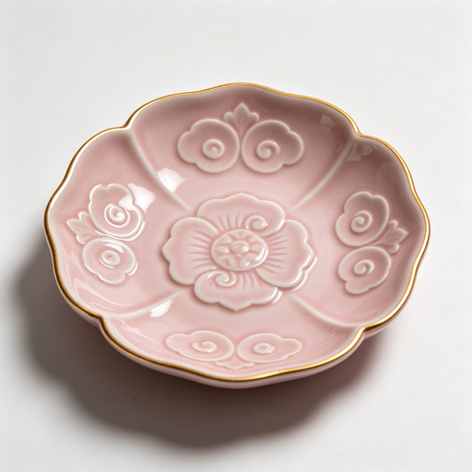 Pink Gold Trim Peony Embossed Floral Dish